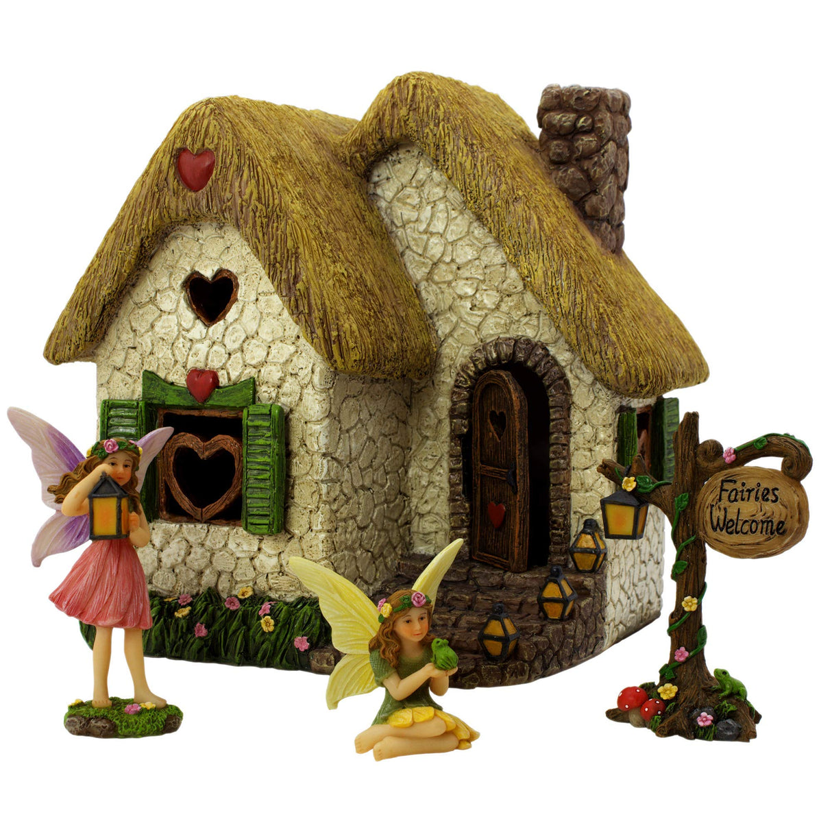PRETMANNS Fairy House Kit - Fairy Garden Accessories for Outdoor Miniature Village Decor, with Fairies & Sign - House, 7’ High & Door can Open Wide - 4 Piece Supplies