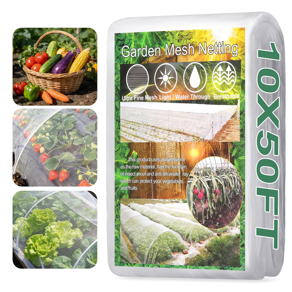 Garden Netting Pest Barrier 10 x 50FT Garden Mesh Netting Insect Netting Garden Neting for Raised Beds Garden Insect Barrier Plant Mesh Cover for Vegetable Flowers Fruits Plants Greenhouse
