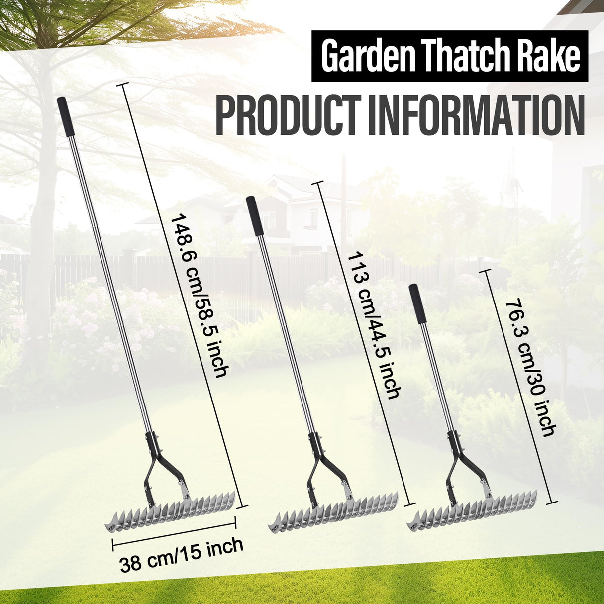 YEELOR Thatch Rake with 15‑inch Rake Head and Long Handle