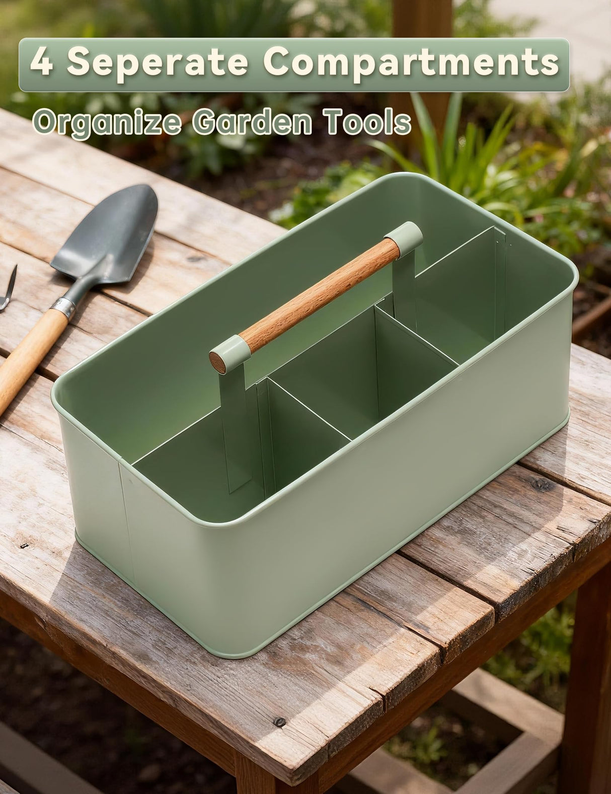Candco Gardening Tool Caddy, Garden Tool Basket with 4 Compartments, Metal Garden Caddy with Wooden Handle for Indoor & Outdoor