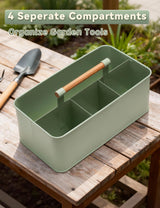 Candco Gardening Tool Caddy, Garden Tool Basket with 4 Compartments, Metal Garden Caddy with Wooden Handle for Indoor & Outdoor