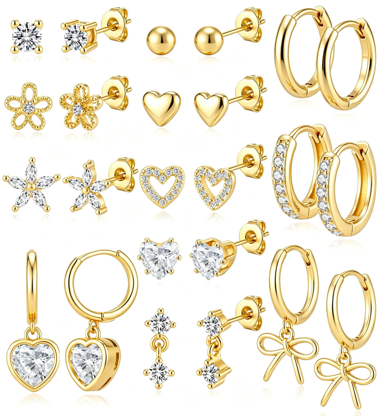 PARIVEA 12 Pairs Small Stud Hoop Earrings Set for Women - 14K Gold Plated Huggie Hoops Hypoallergenic Earring Cute Dainty Flower Heart Stud Earrings for Jewelry Gift, GOLD