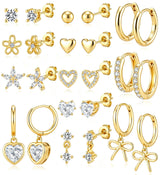 PARIVEA 12 Pairs Small Stud Hoop Earrings Set for Women - 14K Gold Plated Huggie Hoops Hypoallergenic Earring Cute Dainty Flower Heart Stud Earrings for Jewelry Gift, GOLD
