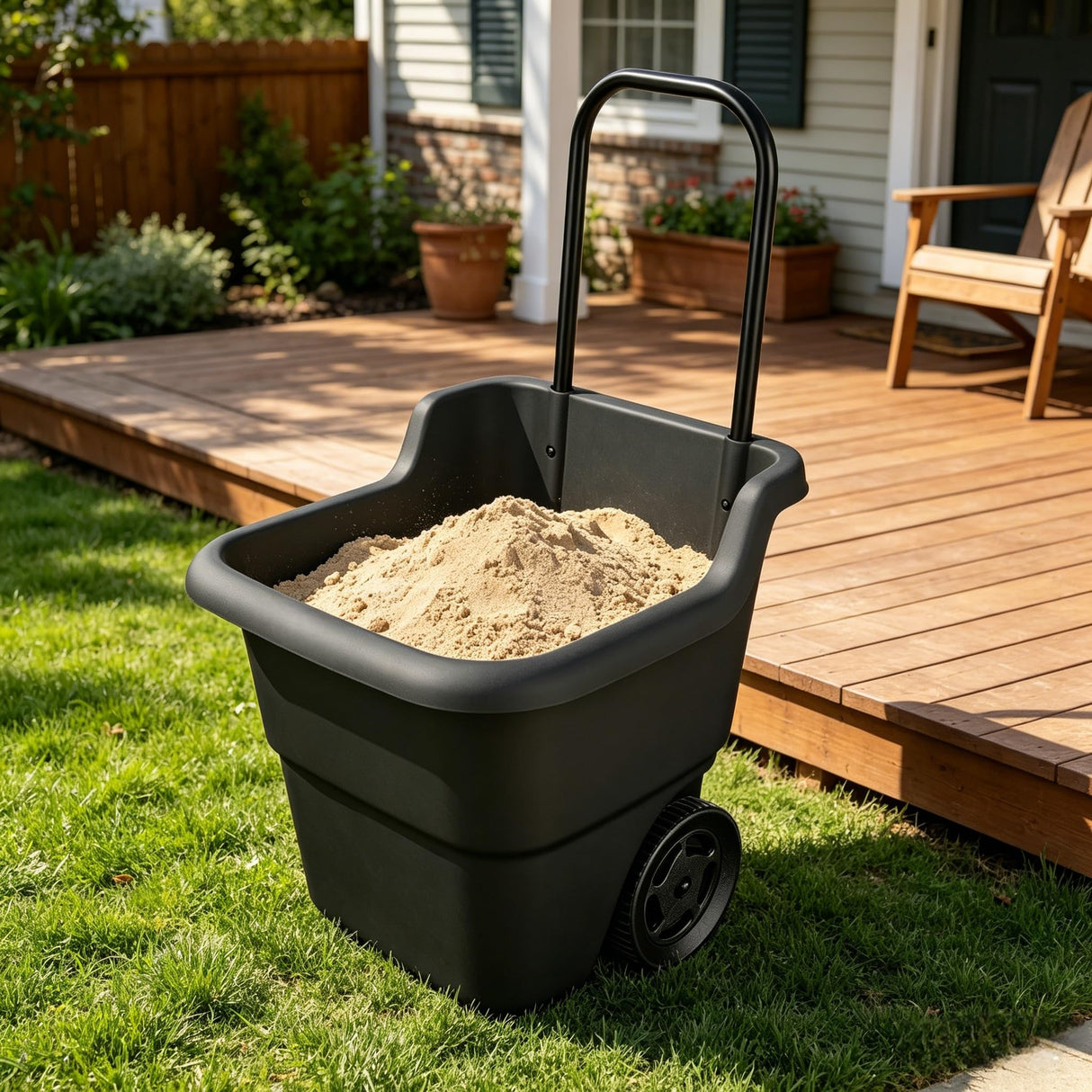 15 Gallon Rolling Garden Cart, Durable Resin Multi-Purpose Yard Cart, Retractable Handle and 7 Inch Wheels, Outdoor Utility Cart for Gardening, Lawn and Home Hauling (Black)