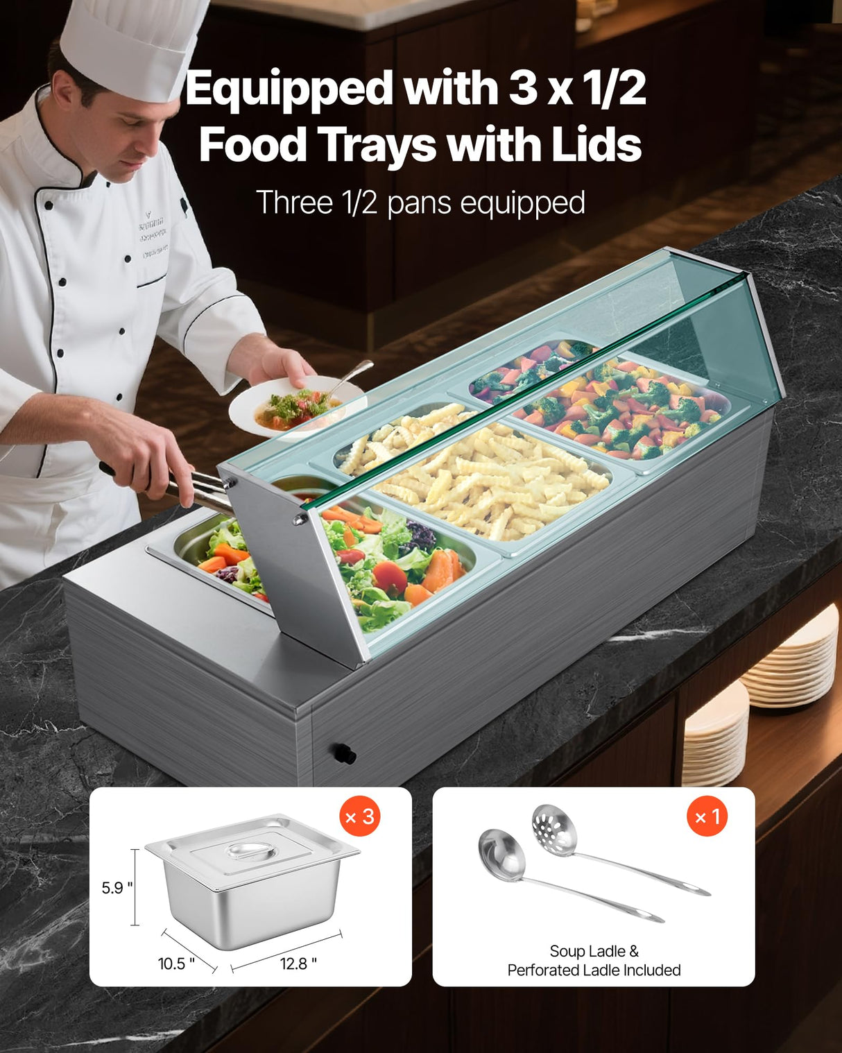 VEVOR Commercial Food Warmer, 1500W Electric Stainless Steel Steam Food Warmer with Glass Cover, 3-Pan Countertop Buffet Bain Marie with Soup & Perforated Ladles, for Catering, Restaurant & Party