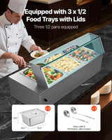 VEVOR Commercial Food Warmer, 1500W Electric Stainless Steel Steam Food Warmer with Glass Cover, 3-Pan Countertop Buffet Bain Marie with Soup & Perforated Ladles, for Catering, Restaurant & Party