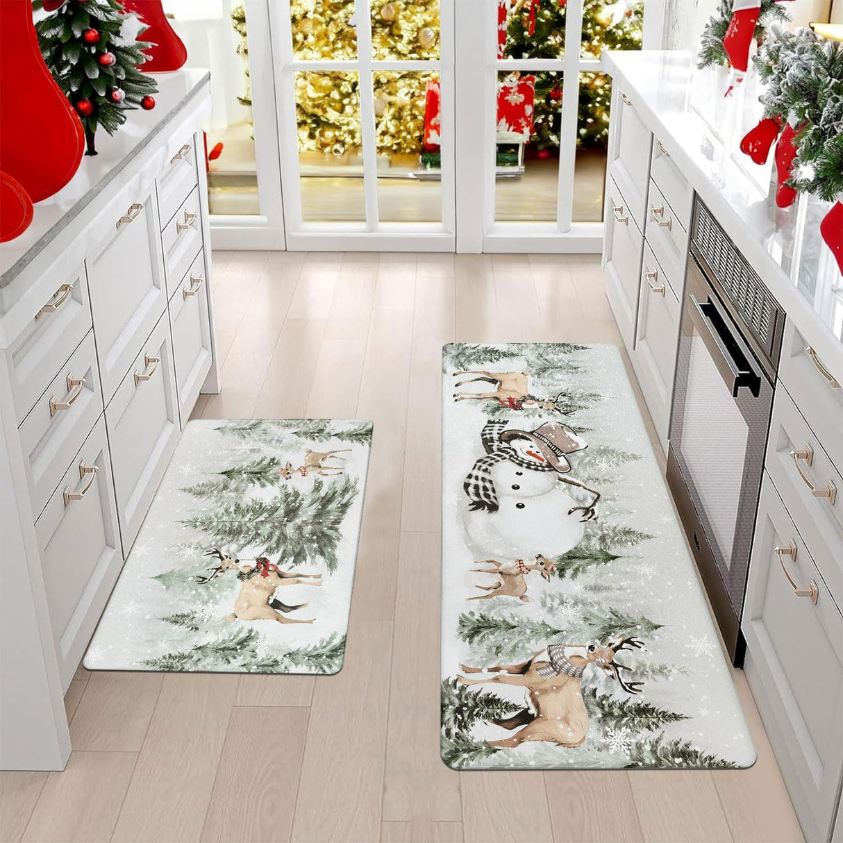U'Artlines 2Pcs Christmas Anti Fatigue Kitchen Rugs and Mats, Christmas Tree Snowman Deer Non Slip Foam Cushioned Farmhouse Kitchen Floor Mats Comfort Standing Mats for Winter Home Decor Grey