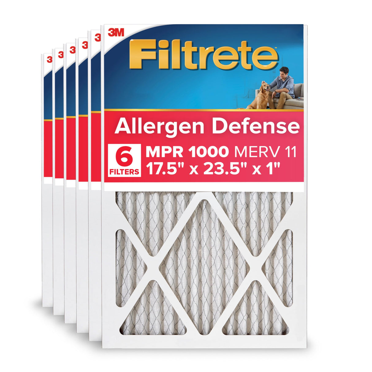 Filtrete 17.5x23.5x1 AC Furnace Air Filter, MERV 11, MPR 1000, Micro Allergen Defense, 3-Month Pleated 1-Inch Electrostatic Air Cleaning Filter, 6 Pack (Actual Size Pack 17.19x23.19x0.81 in)
