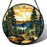 GEFOS Stained Glass Window Hanging Forest Lake Mountain Sunset 7.8" - Suncatcher Door Garden Sunroom Sun Catcher Home Decor Birthday Christmas for Mom Men Woman Nana Friend