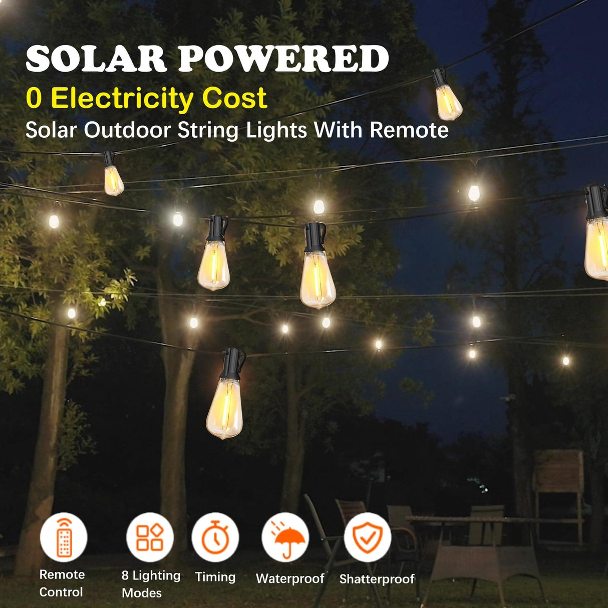 Stright 60FT Solar String Lights Outdoor Weatherproof with Remote, Solar Powered LED Edison Bulb 15 Sockets Outdoor String Lights for Outside Patio Backyard Fence Halloween Christmas Decorations