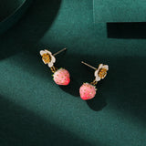 Pink Strawberry Flower Drop Earrings - Cute Enamel Fruit & Floral Stud Drop Earrings for Women, 18K Gold Plated Dainty Aesthetic Jewelry
