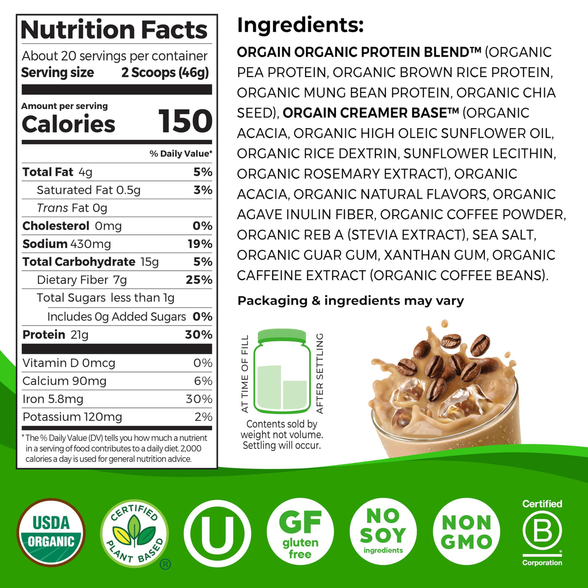 Orgain Organic Vegan Protein Powder, Iced Coffee - 21g Plant Protein, 60mg of Caffeine, Low Net Carb, No Lactose Ingredients, No Added Sugar, Non-GMO, For Shakes & Smoothies, 2.03 lb