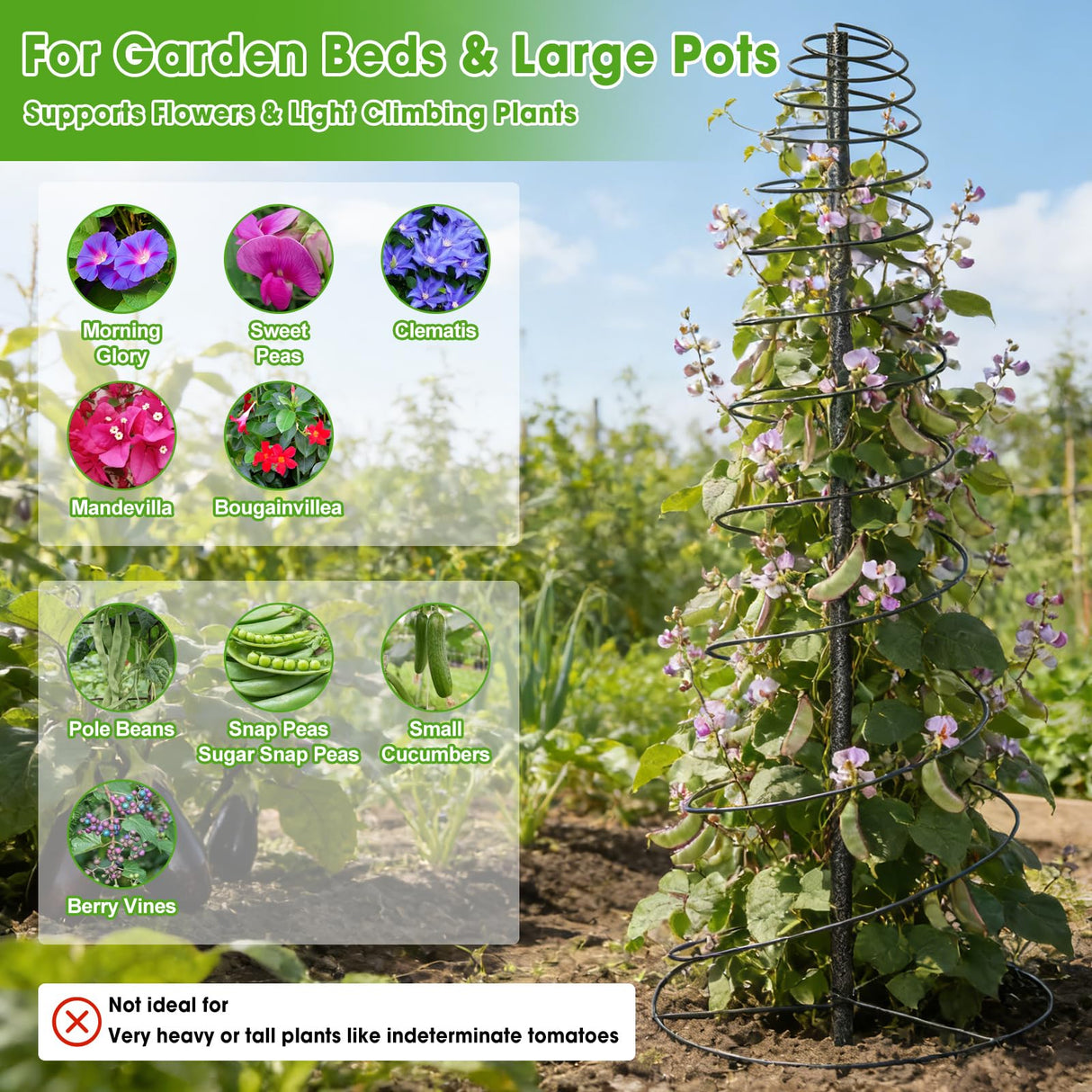 Trellis for Climbing Plants, 75” Metal Spiral Frame Pea Trellis with Center Pole, Adjustable Vine Plant Tower Supports for Outdoor Beans,Cucumbers,Vegetable,Flowers,Pots,Garden Raised Bed,12” Dia