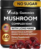 VitaUp Mushroom Gummies for Adults - USA Made 10 in 1 Mushroom Supplement - Mushroom Complex with Lions Mane, Cordyceps, Turkey Tail, Reishi, Shiitake for Cognitive & Immune Support - 60 Count