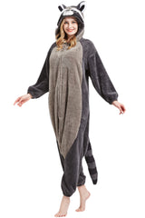 DarkCom Onesie Christmas Pajamas Adult Animal Halloween Costume Cosplay Gray Raccoon One Piece Unisex Homewear Polar Fleece Sleepwear X-Large