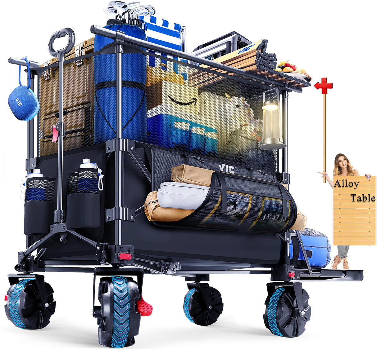 VIC 680lbs Super Cart & Table 1=5 Set, 480L Mega Capacity 54" Extra Long Extra high Folding Wagon, Heavy Duty Collapsible Carts with Brakes, All-Terrain Big Wheels for Camping, Store, Shopping
