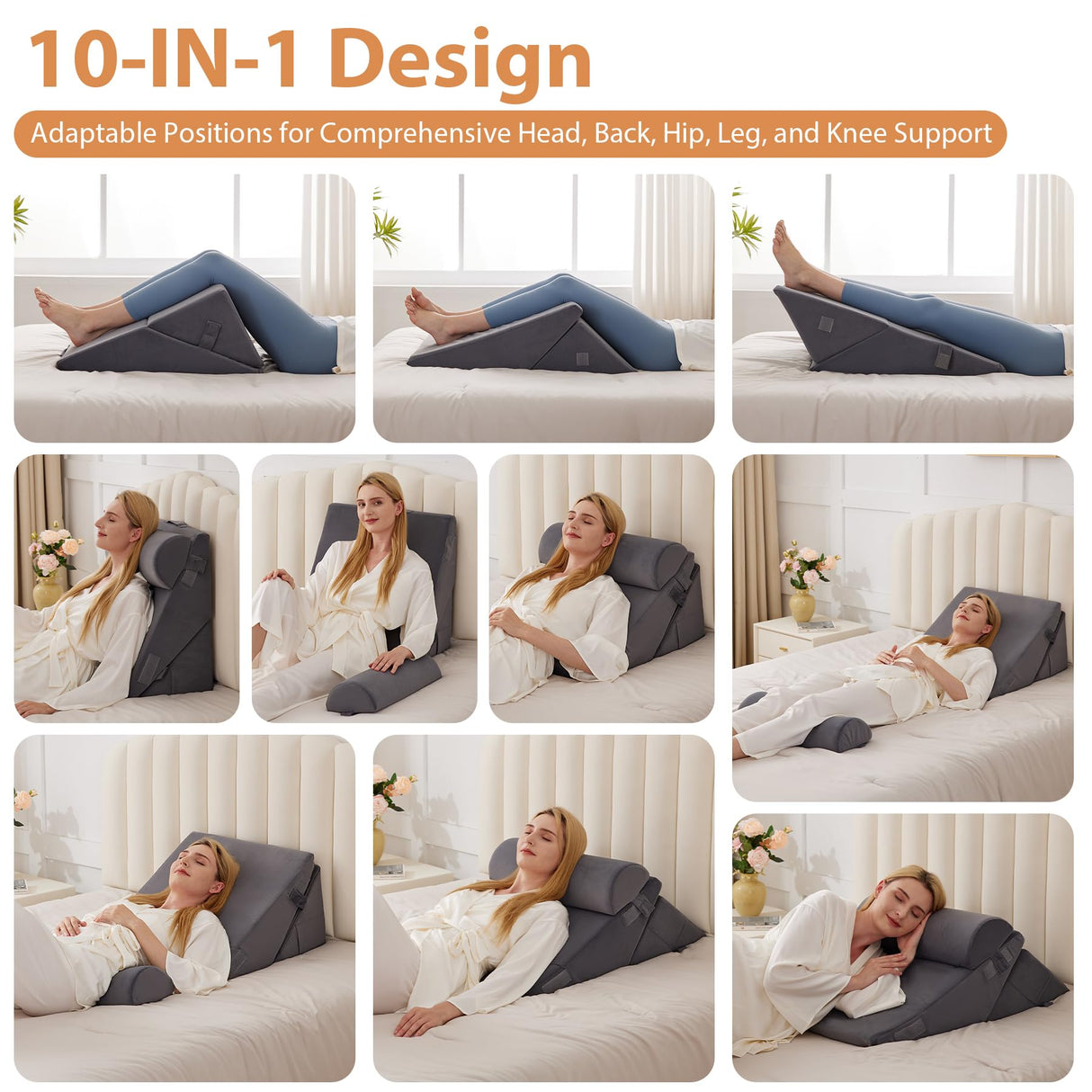 3PCS Wedge Pillow for Acid Reflux Relief, Adjustable Wedge Pillow Headboard, Bed Wedges Pillow for Back Pain Relief, Sleeping, Post Surgery, Back Support Pillows for Sitting Up, Snoring, Plush Grey