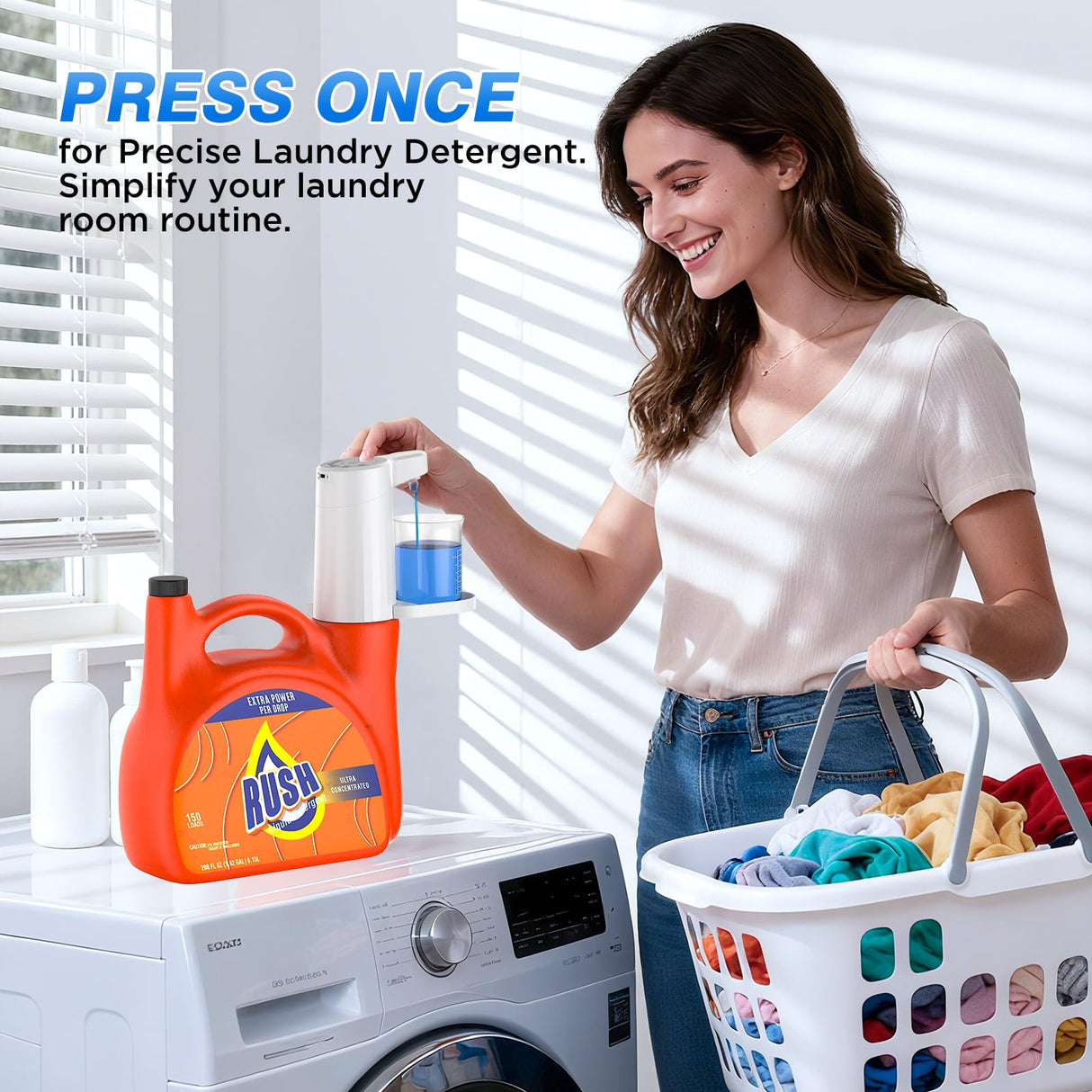 Electric Laundry Detergent Dispenser Pump, One-Press 15-75ml, Fast Dispense from-Large-Container, Rechargeable 2Ah, No-Spill, for Liquid Soap, Fabric Softener, Laundry Room Organization (White)
