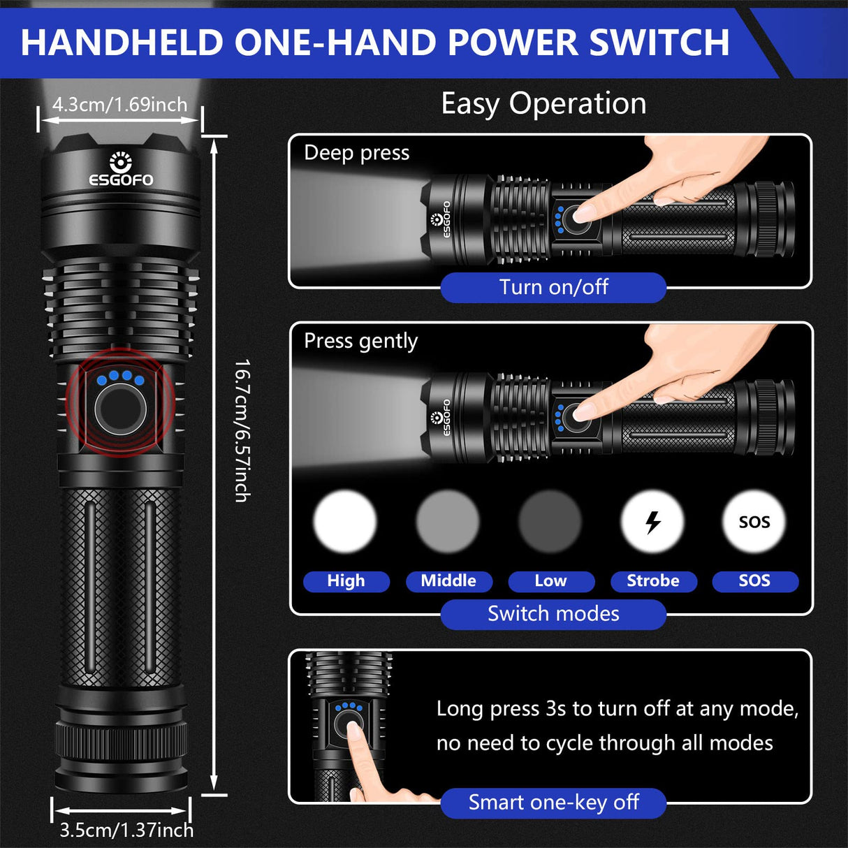 Esgofo Flashlights High Lumens 100000 Rechargeable, Super Bright Handheld LED Flash Light, Powerful Emergency Linternas, Waterproof, Long Lasting, for Hiking Camping Gift