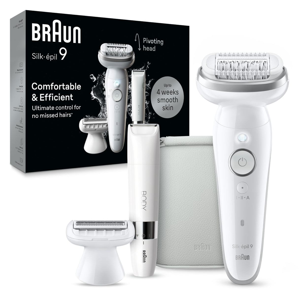 Braun Silk-épil 9 Epilator, Pivoting Head, Wet and Dry, Includes Body Trimmer, Shaver Head and Trimmer Comb,SES9-441
