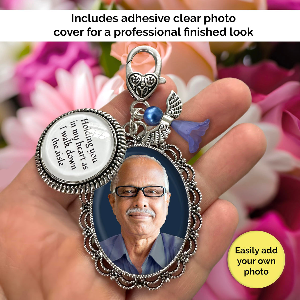 Something Blue Bouquet Charm for Wedding Memory Charm with DIY Photo Frame for Wedding Bouquet And Resizer