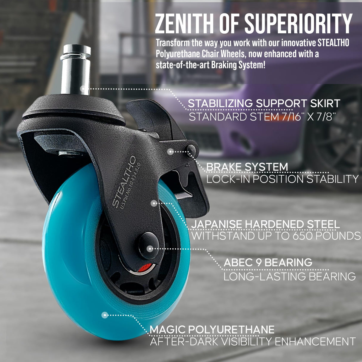 Stealtho Locking Caster Wheels Set of 5 - Heavy Duty Office Chair Casters with Brakes 2 - Replacement Industrial Wheels for Furniture, Cart - Rollerblade Style Navy