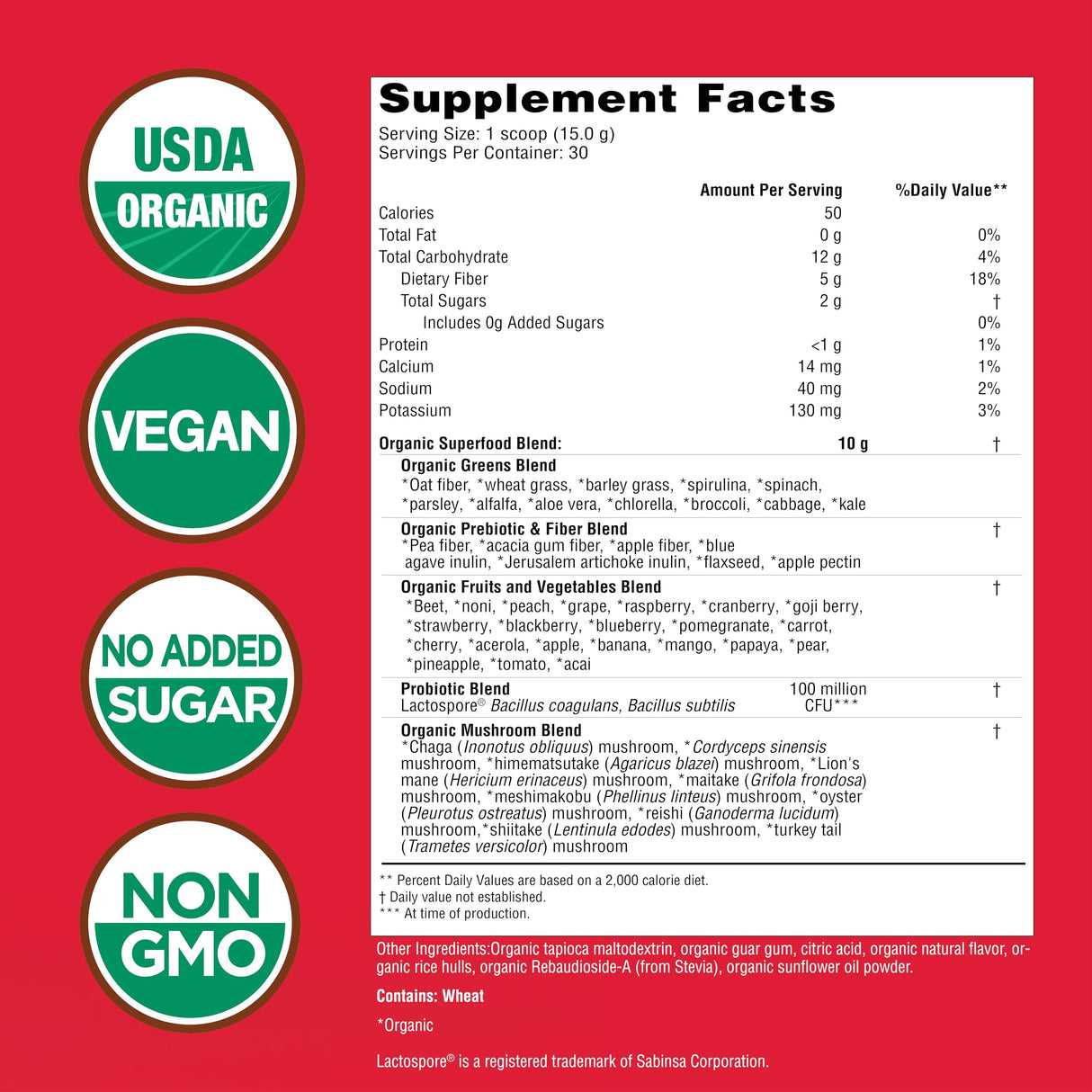 Country Farms Super Greens Berry Flavor, 50 Organic Super Foods, USDA Organic Drink Mix (Wheat Grass, Spirulina, Chlorella) Mushrooms & Probiotics, with Fiber, Gut Health, Natural Energy, 30 Servings