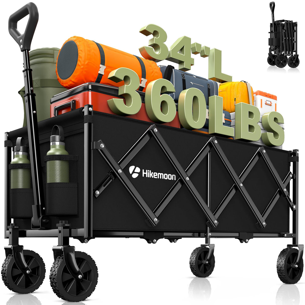 HIKEMOON 34'' Extra Long Folding Portable Wagon Cart, 120L 360LBS Black