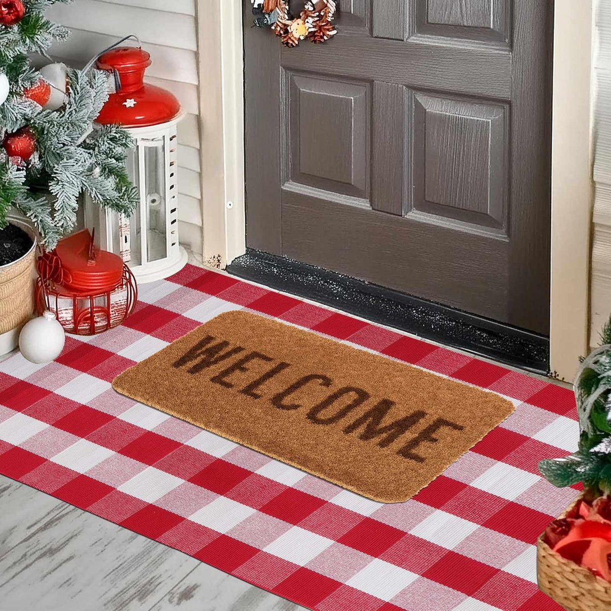 Christmas Red and White Plaid Rug 3 x 5 Ft, Hand-Woven Indoor/Outdoor Layered Cotton Blend Buffalo Plaid Rug, Washable Front Door Mat, Perfect for Porch, Living Room, Entryway