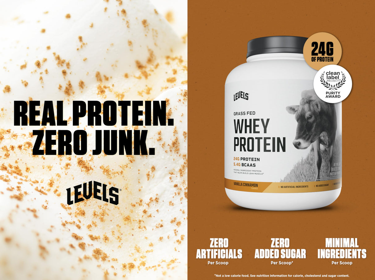 Levels Grass Fed Whey Protein Powder, No Artificials, 24G of Protein, Vanilla Cinnamon, 5LB