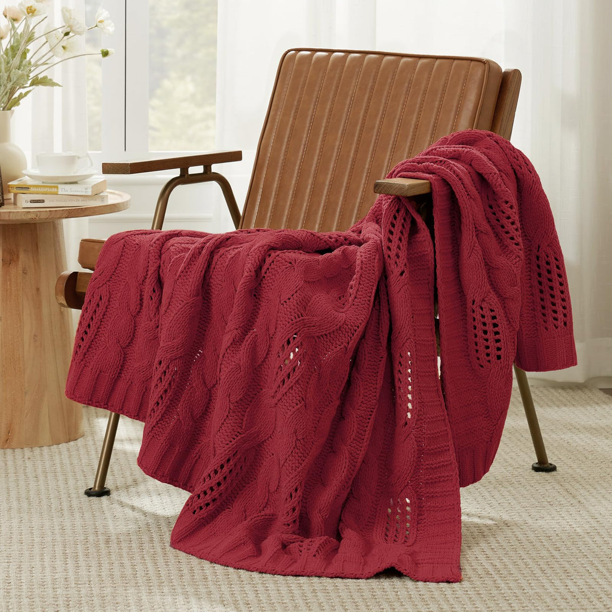 Amélie Home Chunky Knit Throw Blanket, Dual-Sided Soft Chenille Breathable Cable Knitted Blanket for Couch, Farmhouse Decorative Throw for Sofa & Chair, 50"x60", Christmas Red