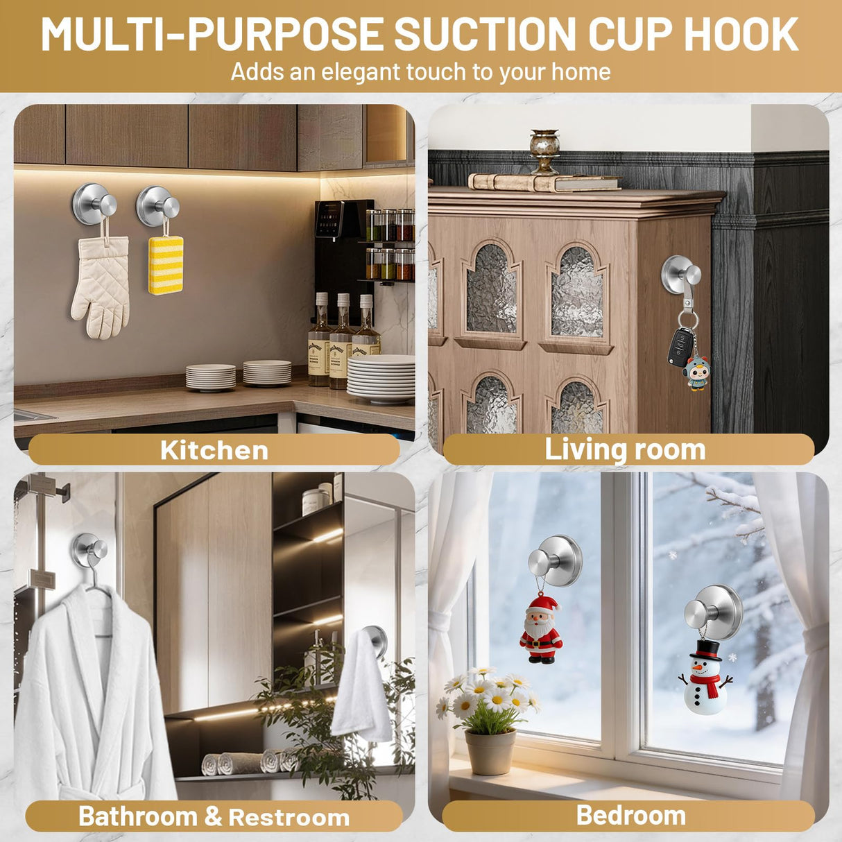 Fenas Large Suction Cup Hooks, Heavy Duty 15lb Holds Towel & Robe, No-Drill Shower Bathroom Hooks for Tile Wall Glass Mirror, Mounts on Smooth Non-Porous Surfaces (2 Pack, Brushed Nickel)