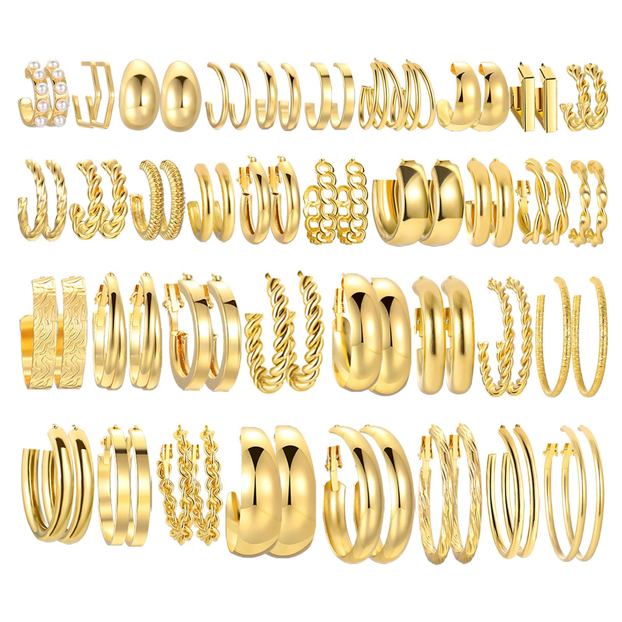 36 Pairs Gold Hoop Earrings Set for Women, Fashion Hypoallergenic Chunky Twisted Pearl Stud Earrings Multipack, Small Big Hoops Earring Packs Trendy for Christmas Birthday Party Jewelry Gift