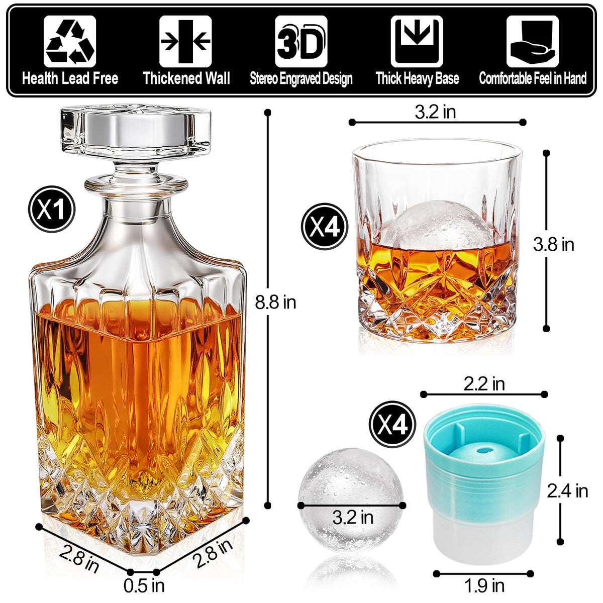 Whiskey Decanter Set for Men, 4*Crystal Whiskey Glasses(Get 4 Silicone Ice Mold Free), Lead-Free Decanter Set for Whiskey, Bourbon, Scotch, Anniversary Christmas Gifts for Dad, Husband, Whiskey Lovers