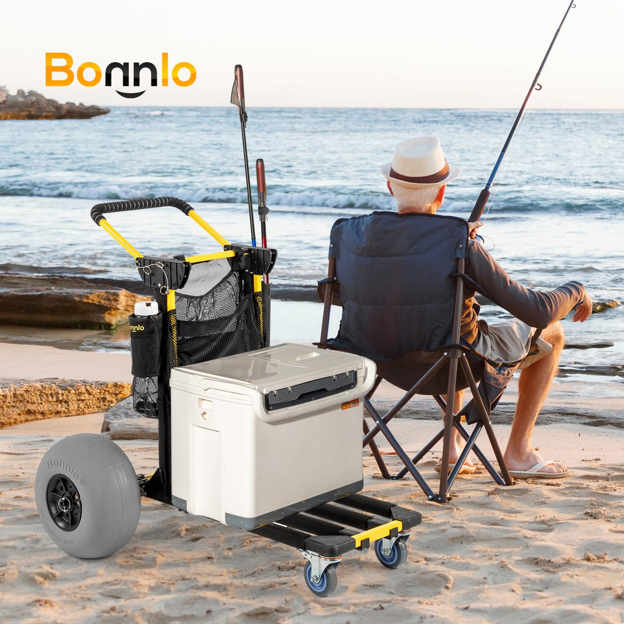 Bonnlo Beach Cart with 12" Big Balloon Wheels for Sand, Foldable 2-in-1 Beach Buggy Cart Fishing Cart with Large Cargo Deck, Fishing Rods Holder, Water Bottle Holder, 2 Mesh Bag, Hand Pump
