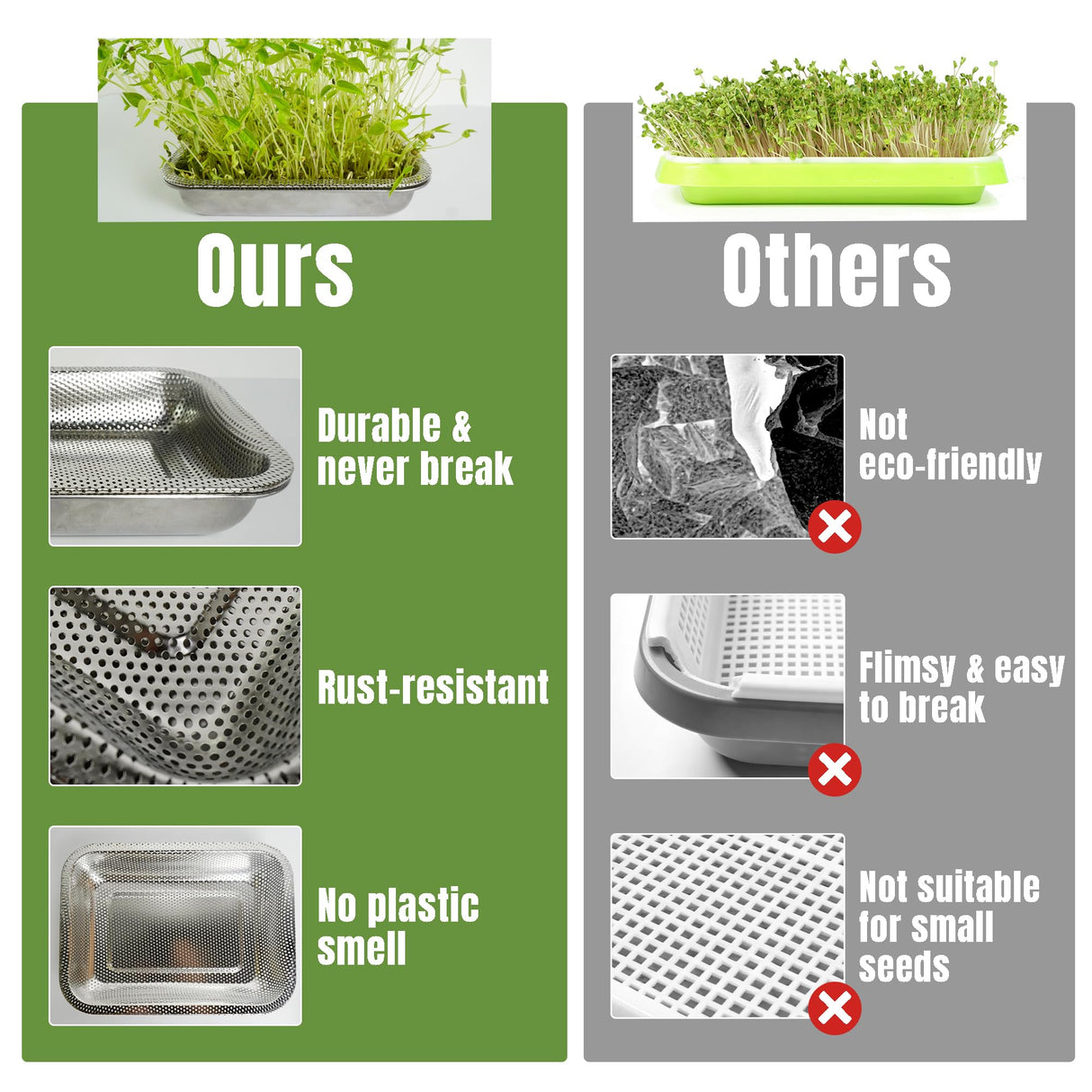 Amarys Hearth 2 Pack Stainless Steel Seed Sprouter Trays, 2-Tier Soil-Free Microgreens Growing Kit, Rust-Free Sprouting Tray with Mesh Pads for Sprouts Beans Alfalfa Wheatgrass (10.6" * 7.9" * 1.9")