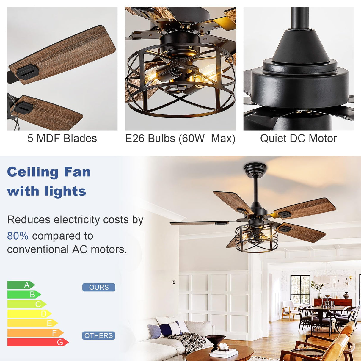 Depuley 42-Inch Ceiling Fans with Lights: Caged Ceiling Fans Dual Finish 5 Blades - Rustic Ceiling Fan with Remote Control for Farmhouse Living Room Outdoor Porch Noiseless (Black Walnut)