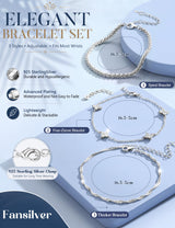 Fansilver 3 Pcs Sterling Silver Bracelets for Women Trendy Stackable Bracelet Set Adjustable Bracelet 925 Sterling Silver Link Chain Cubic Zirconia Bracelets Waterproof Jewelry Set