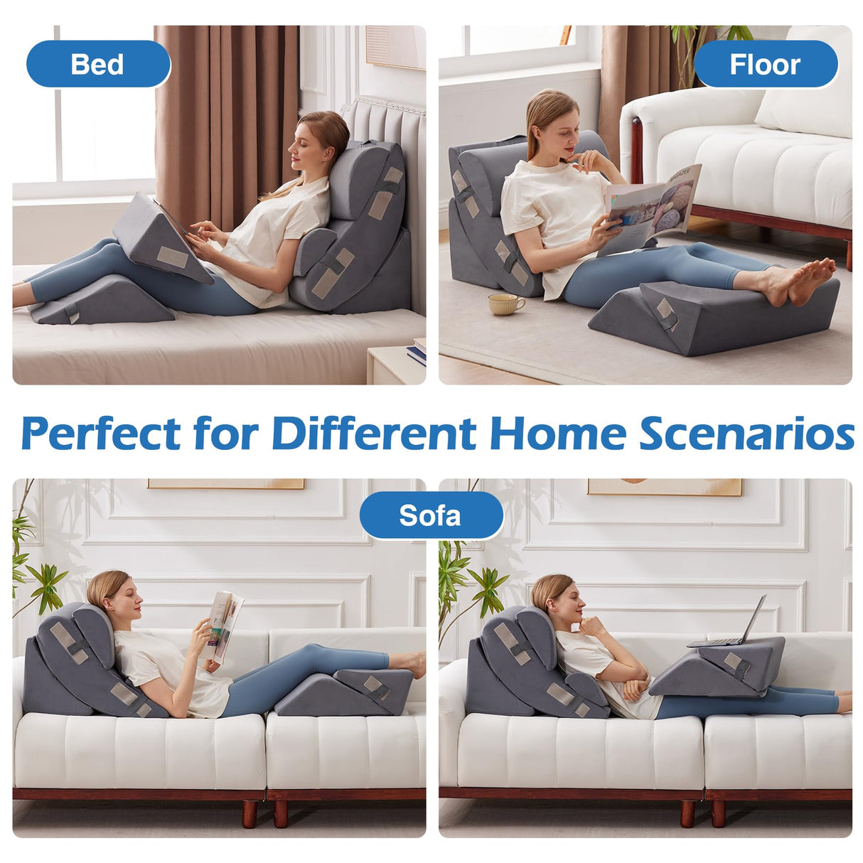 Ahpmeoa 6PCS Orthopedic Bed Wedge Pillow Set for Sitting up in Bed, Memory Foam Post Surgery Pillow for Back Pain Relief, Back Support Pillow for Acid Reflux Relief, GERD, Anti Snoring (Plush Grey)