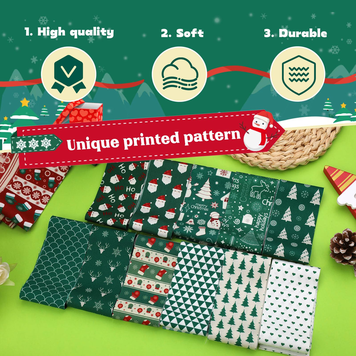 Jelly Roll Quilting Fabric, Scraps Squares Strips, Snowman Pattern Roll Cotton Fabric for Christmas DIY Crafts & Home Decor