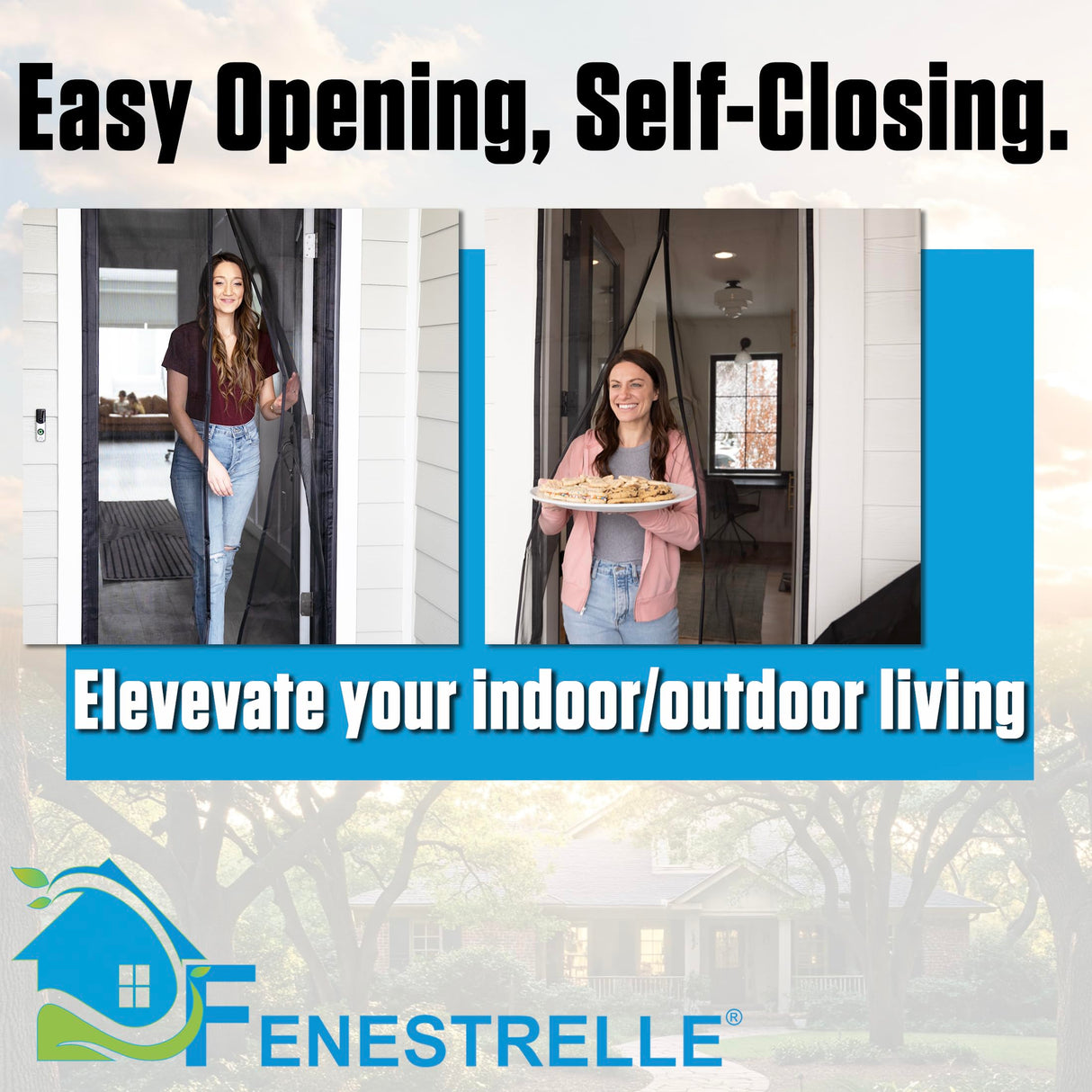 Fenestrelle Magnetic Screen Door – Heavy Duty, Hands Free Fiberglass Mesh with Self Closing Magnetic Seal, White Trim – Fits 34" x 80" Doors (Screen Size 36" x 82")