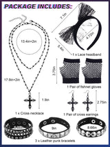 Ecation 7 Pcs 80s Women Costume Accessories Halloween Leather Punk Bracelet Black Cross Necklace Lace Headband Fishnet Glove(Classic Style)