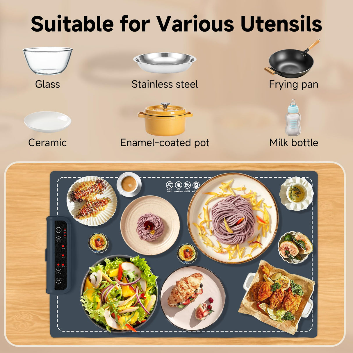 Food Warming Mat- Foldable Warming Mat for Food with Adjustable Temperature Control Time Moders Locking Function Electric Warming Tray for Parties,Home,Travel,Buffet Dark Blue
