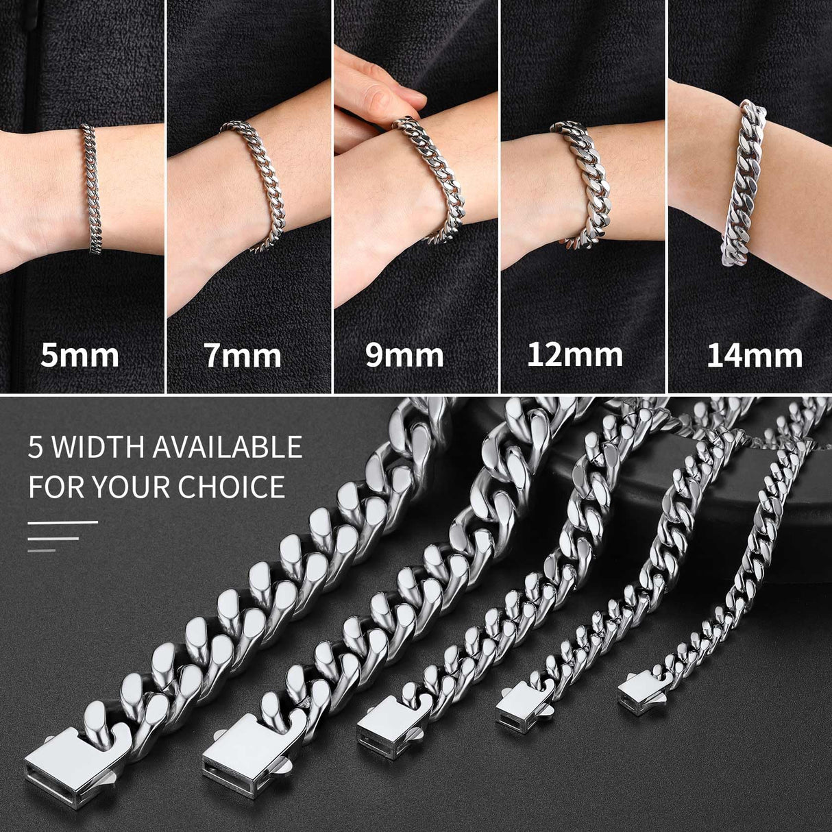ChainsHouse Stainless Steel Cuban Chain Bracelet for Men 5mm 7.5inch Rapper Wrist Chain Bracelet