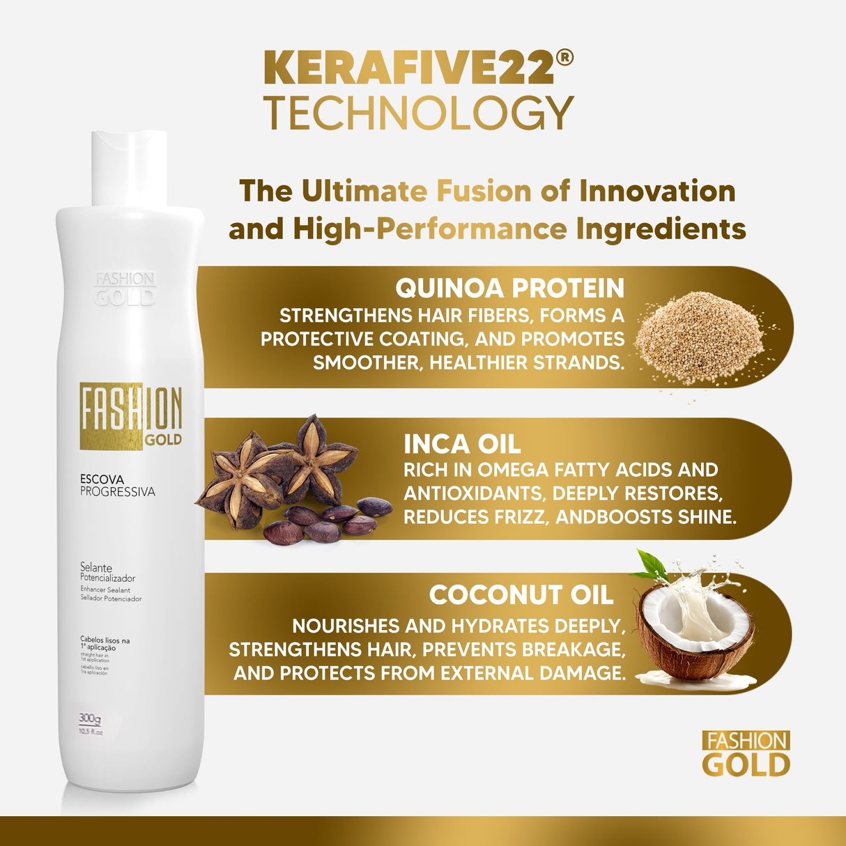 FASHION GOLD PROGRESSIVA 300g / 10.5oz | Brazilian Blowout Keratin Smoothing System | At-Home Professional Straightening Treatment | Reduces Frizz, Restores Shine, & Adds Strength | For All Hair Types