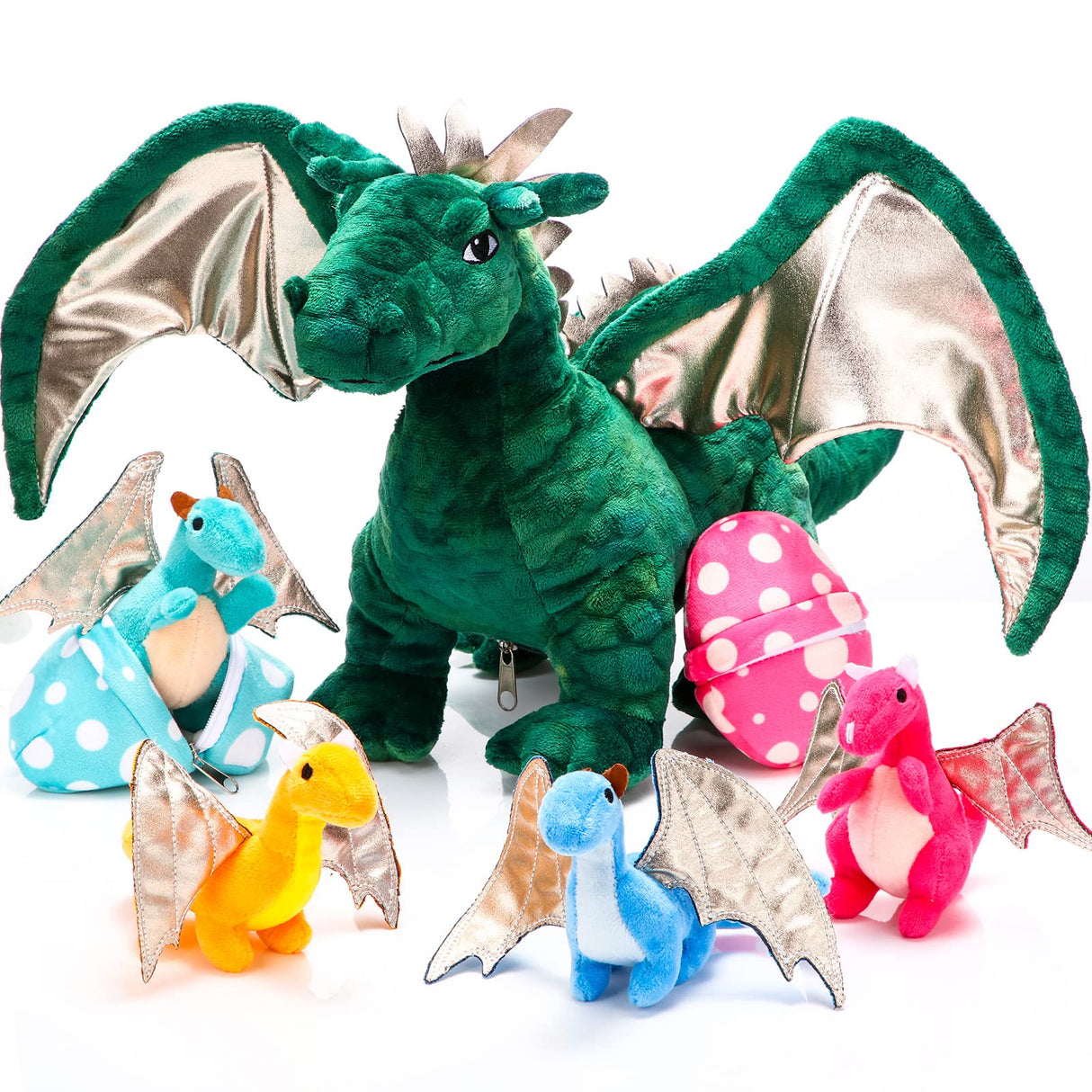 Deekin 7 Pcs Dragon Toy Set 16 Inch Large Dragon Stuffed Animal with 4 Baby Plush and 2 Eggs in Mommy's Belly Dinosaur Plushies Gifts for Boys Girls Birthday Christmas(Cute Style)