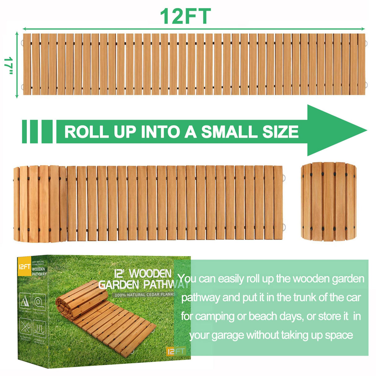 RELIANCER 12' Wooden Garden Pathway,Outdoor Roll Out Cedar Straight Walkway,Patio Path Decorative Garden Boardwalk Walkways,Weather-Resistant Roll Up Beach Wood Road Floor,Wedding Party Pathways