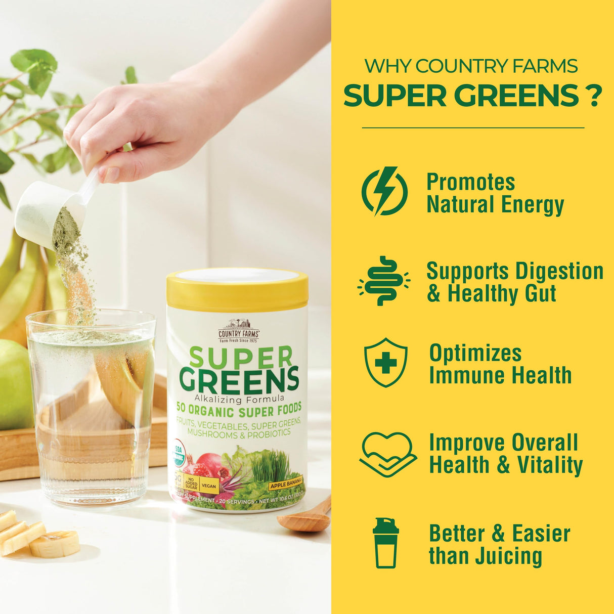 Country Farms Super Greens Apple Banana Powder Smoothie, Organic Super Foods, USDA Organic Drink Mix, Fruits, Vegetables, Mushrooms, Superfood Nutrition, 40 Servings, 2 Pack
