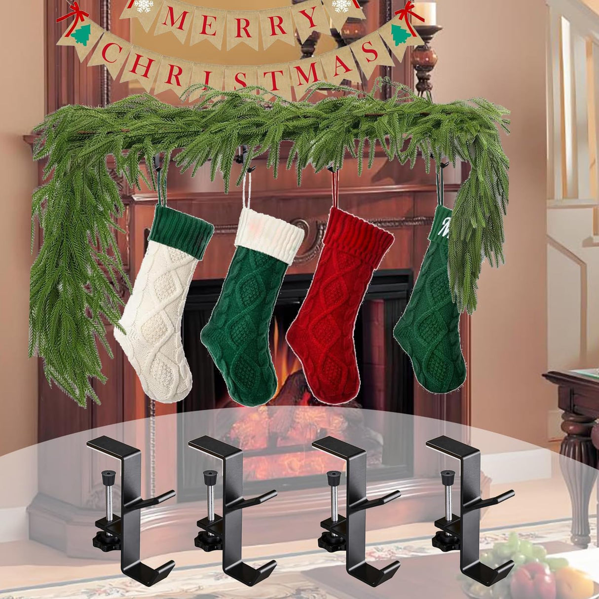 AZHAIBUQI 4 Pack Christmas Fireplace Stocking and Garland Hanger,Mantle Garland Holder for Hanging Christmas Stockings,Adjustable Garland and Stocking Holder,Black