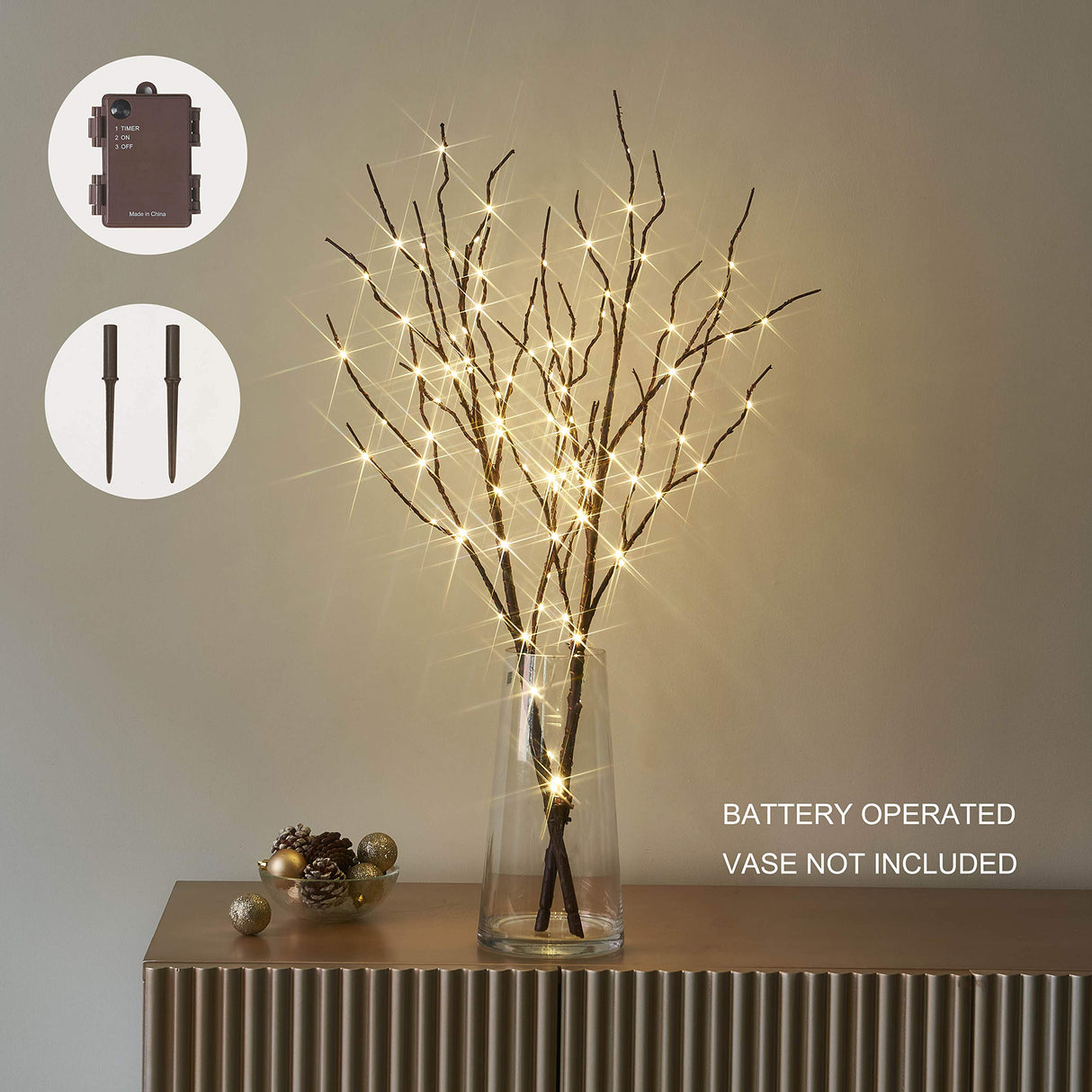 Hairui Lighted Brown Branches Battery Operated with Timer 30IN 100 LED Fairy Lights, Willow Branch Lights for Home Bedroom Fireplace Christmas Holiday Decoration Indoor Outdoor Use (Vase Excluded)